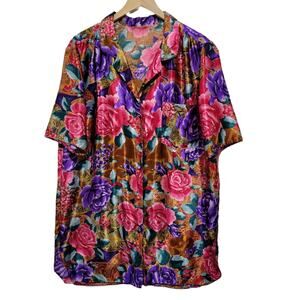 Floral Satin Full Button Night Gown Oriental Asian